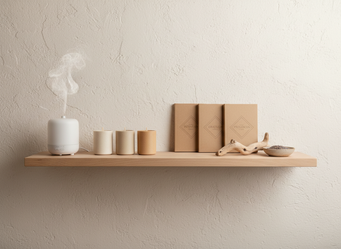A curated collection of mindful products displayed on a minimalist, floating wooden shelf against a warm, off-white plaster wall. There is a matte glass aromatherapy diffuser emitting a barely visible mist, a set of three soy candles in gradient beige vessels, and a neatly arranged trio of kraft-paper packaged wellness journals with blind-embossed titles. A small, sculptural piece of driftwood rests beside a tiny stoneware dish of dried lavender buds. Soft, diffused overcast daylight from an unseen window to the right gives the scene even illumination, enhancing subtle textures. Photographic realism, shot straight on with balanced composition and moderate depth of field, conveying a sophisticated, purpose-driven brand focused on mindful products and simple, elevated design.