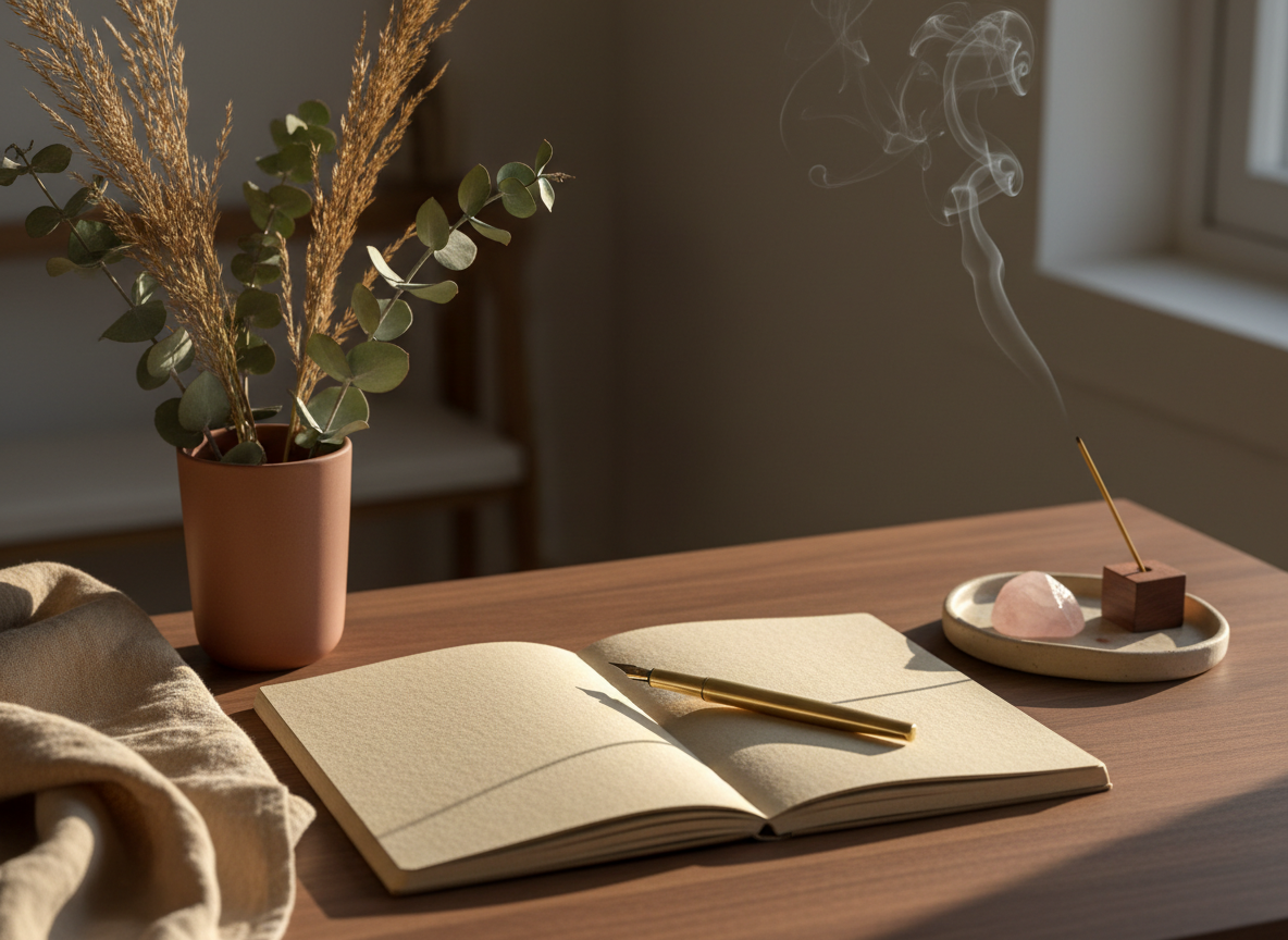 A peaceful writing and reflection nook featuring a smooth walnut desk with a single open notebook made of recycled, warm-toned paper, a slender brass pen resting across its center fold. Beside it, an unglazed clay cup holds sprigs of eucalyptus and dried grasses, while a sand-colored linen cloth is casually folded near the edge of the desk. A small ceramic tray holds a single polished crystal and a wooden incense holder with a delicate thread of smoke curling upward. Soft early-morning natural light enters from a window on the right, creating gentle highlights on the brass and subtle shadows across the paper. Photographic realism, composed with the notebook in the lower third and a shallow depth of field, evoking introspection, clarity, and intentional mental wellness practices.