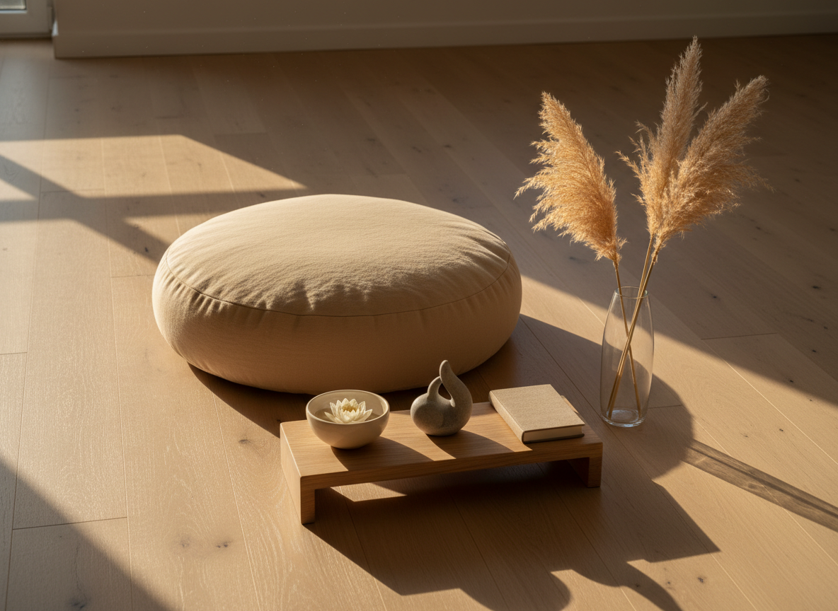 A minimalist meditation corner featuring a round, sand-colored floor cushion made of textured cotton, centered on a pale oak floor. In front of the cushion rests a low, rectangular wooden altar shelf holding a single ceramic bowl with a floating white flower, a small stone sculpture in an abstract organic form, and a closed, linen-bound intention journal. A tall, slender vase with dried pampas grass stands to the side, softening the vertical space. Early evening golden hour light streams in from a tall window off-frame, casting warm, elongated shadows and a tranquil glow. Photographic realism from a slightly elevated, wide composition, emphasizing serene emptiness, stillness, and a refined, sophisticated approach to daily mindfulness rituals.