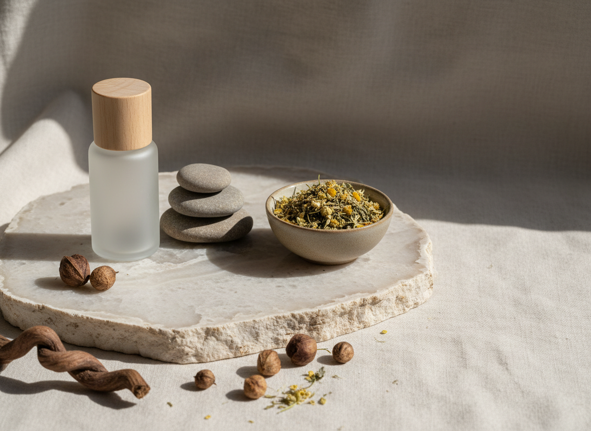 A grounded, nature-inspired still life representing holistic wellness, featuring a large, cross-section slice of pale stone set as a base on a linen-draped surface. On it rests a frosted glass bottle with a wooden cap, a stack of smooth river stones in a balanced tower, and a small ceramic bowl filled with loose herbal blend of chamomile flowers and green leaves. Around the base, dried seed pods and a single twisted root echo the brand’s ‘Rooted Mind’ concept. Side lighting from the left mimics soft studio daylight, sculpting subtle shadows and enhancing textures. Photographic realism with a close-up, slightly low angle and intentional negative space, creating a sophisticated, contemplative mood grounded in nature and mindful care.