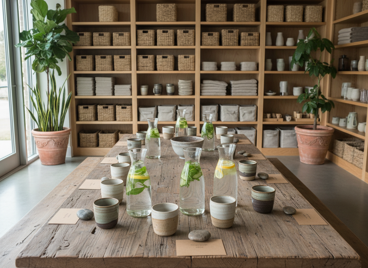 A tranquil community gathering space without people, featuring a long, reclaimed wood table set for a wellness workshop. On the table, there are neatly spaced stoneware cups, glass carafes of infused water with floating cucumber and mint, and smooth river stones used as natural paperweights holding small kraft place cards. In the background, built-in shelves hold woven baskets, linen-covered boxes, and ceramic vessels, all in muted earth tones. Tall plants in clay pots soften the edges of the room. Soft, filtered daylight from large windows off-frame bathes the scene, creating an inviting, grounded ambiance. Photographic realism with a slightly elevated, three-quarter angle, emphasizing connection, community, and intentional gathering.